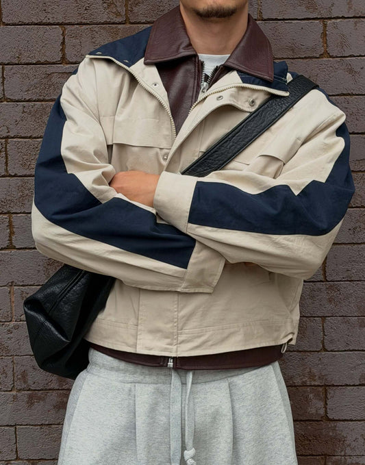 Cream and Navy Colorblock Utility Jacket