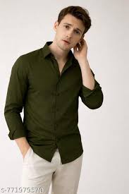 Men's Olive Green Solid Casual Shirt | Premium Cotton Linen Blend | Regular Fit | Full Sleeve