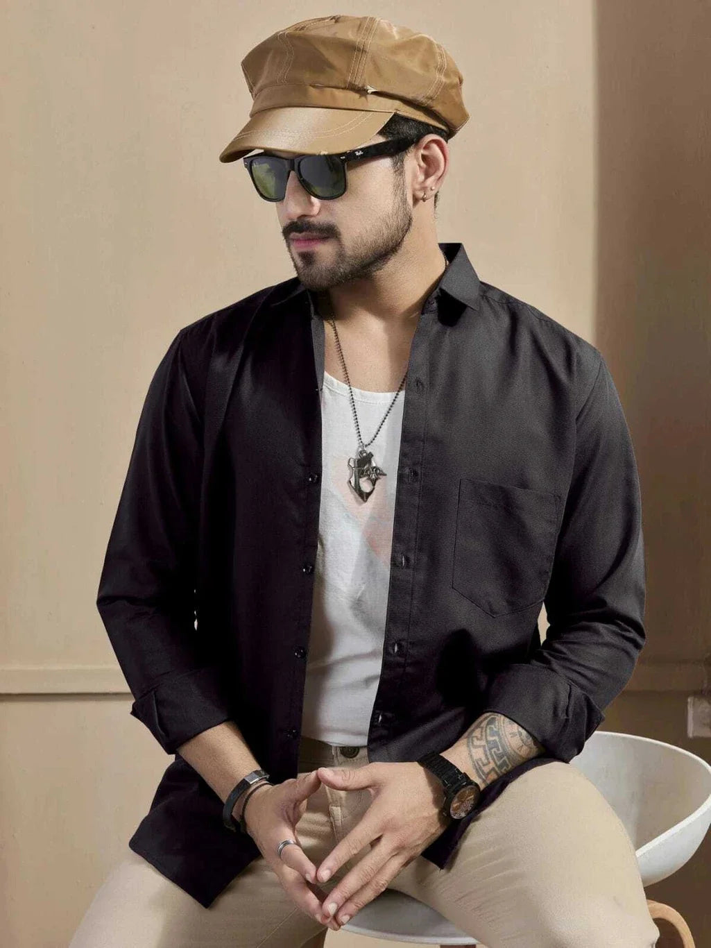 Men’s Solid Black Casual Full-Sleeve Shirt